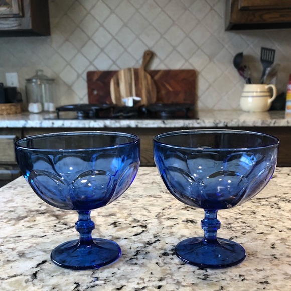 Dining Set Of 2 Cobalt Blue Glass Compote Pedestal Dishes Bowls